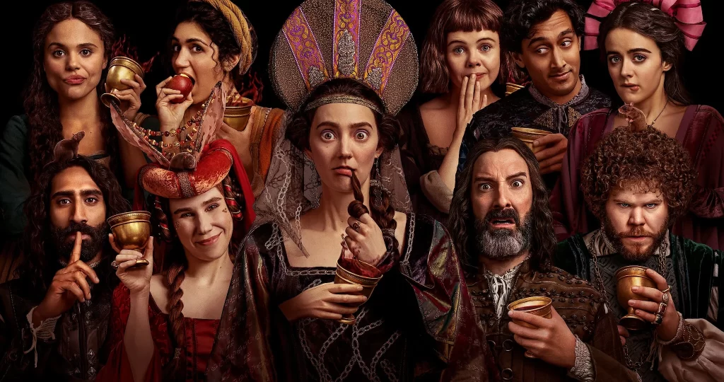 Main characters of The Decameron in dramatic period costumes