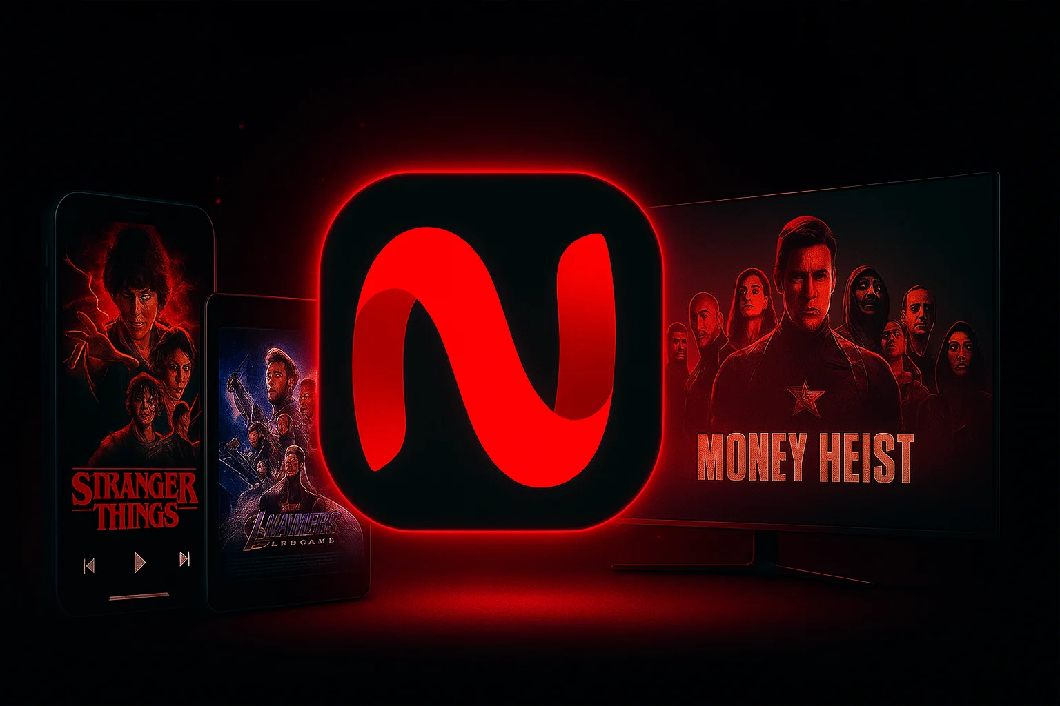 “Dark-themed featured image showing the red NetMirror logo on a black background with glowing screens of popular movies and shows like Stranger Things and Avengers. Mobile and smart TV mockups are included to reflect cross-device streaming.”