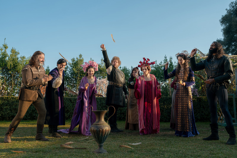 Scene from The Decameron showcasing absurd medieval humor with modern twist