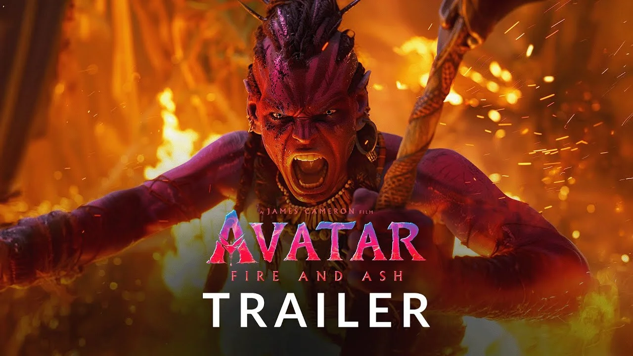 Varang, leader of the Ash People, roars with fury in front of blazing fire in Avatar: Fire and Ash.