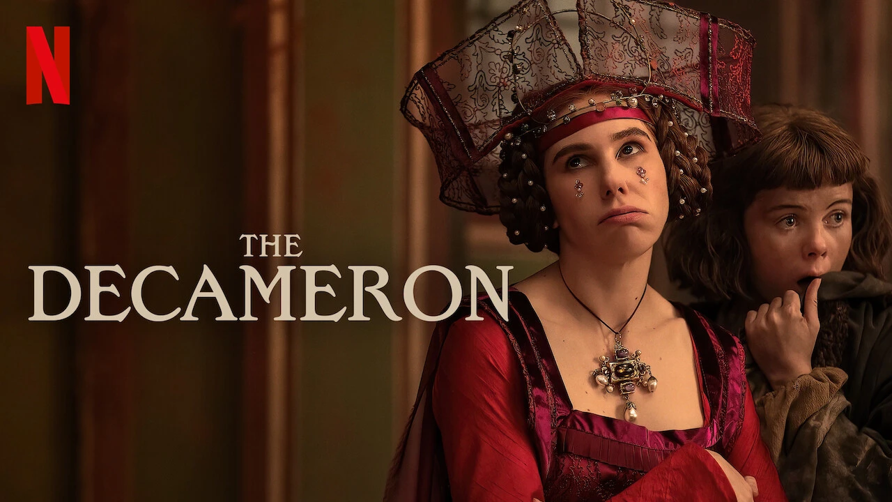 Cast of Netflix’s The Decameron in medieval costumes with show title in bold text