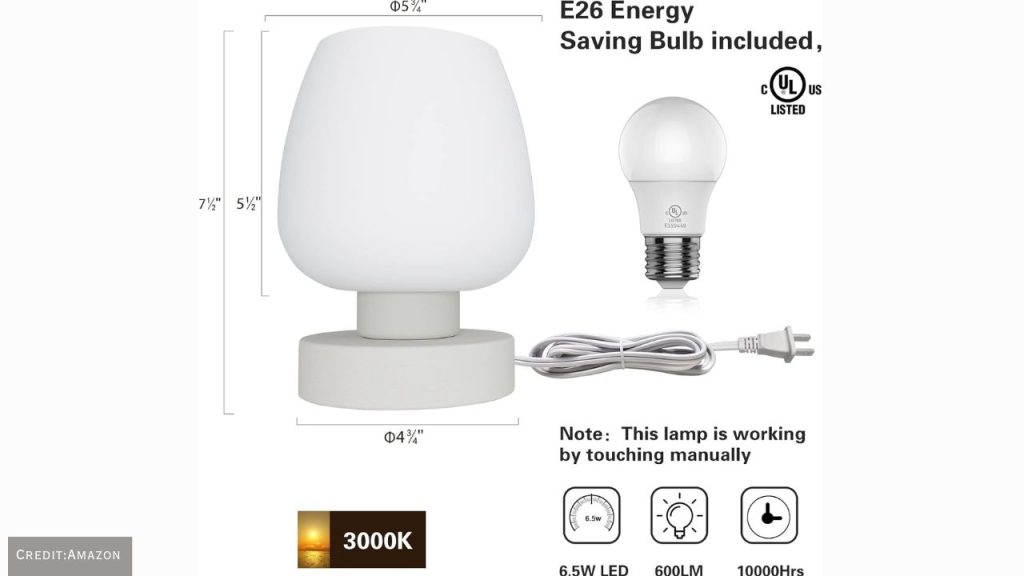 Touch bedside table lamp featuring E26 bulb compatibility and sleek design.