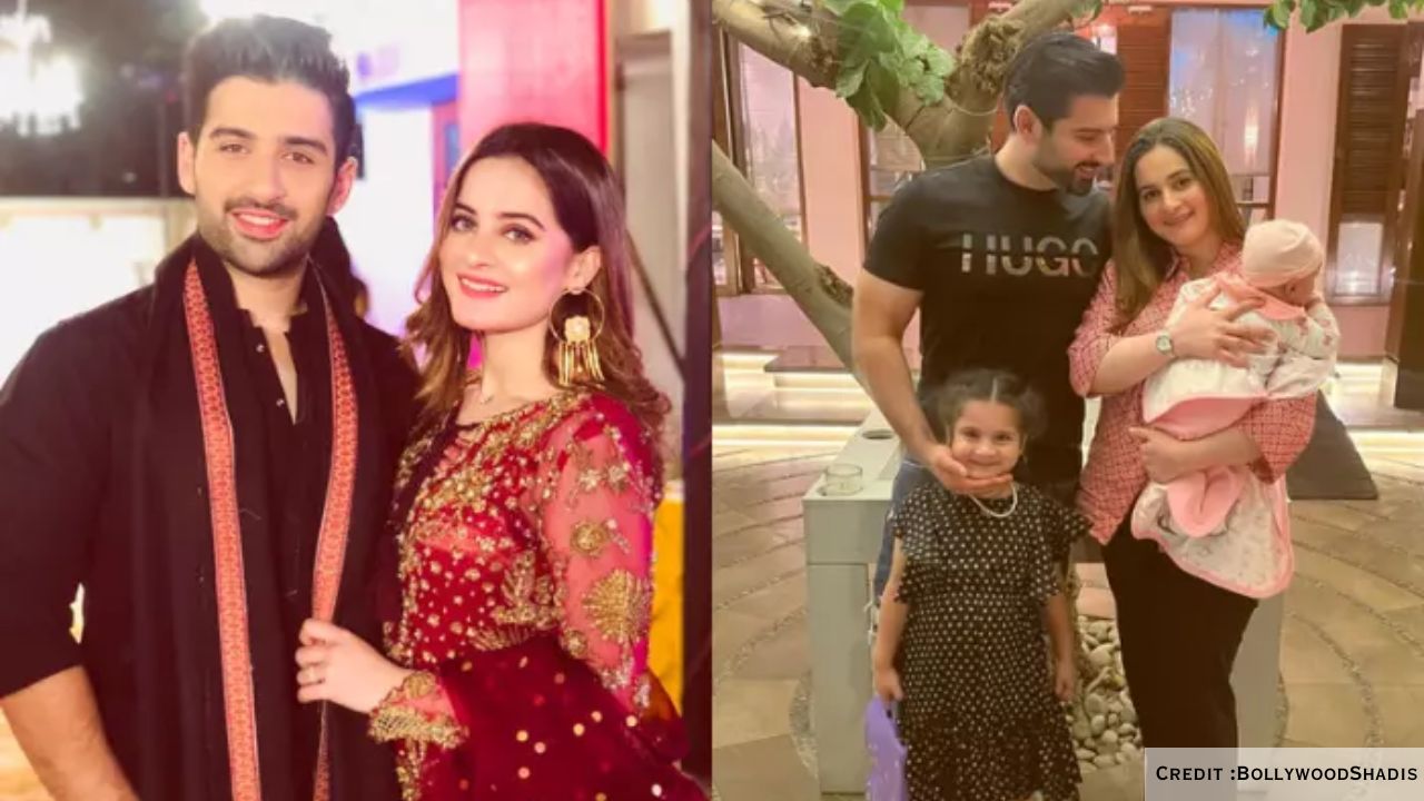 Aiman Khan and Muneeb Butt posing happily with their three daughters, including newborn Naimal