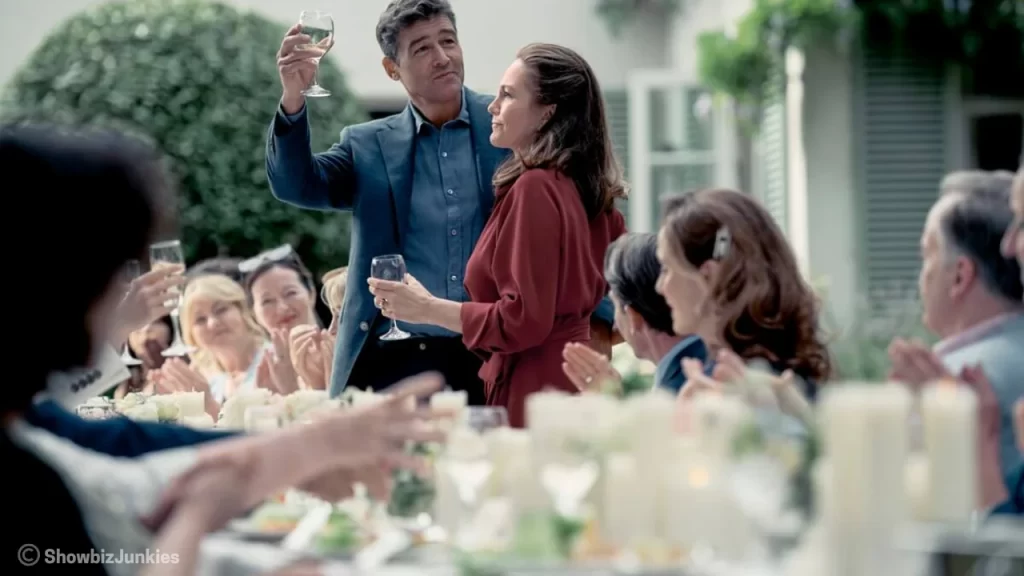 The Taylor family gathered at the dinner table where secrets and tension rise in Anniversary (2025).