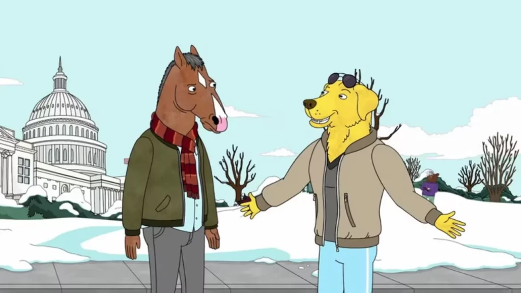 A colorful scene showing BoJack’s life mixing comedy with deep emotional struggles.