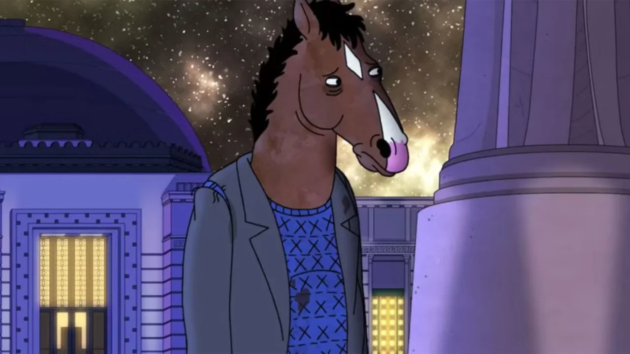 Animated scene of BoJack Horseman sitting alone, reflecting his battle with depression.