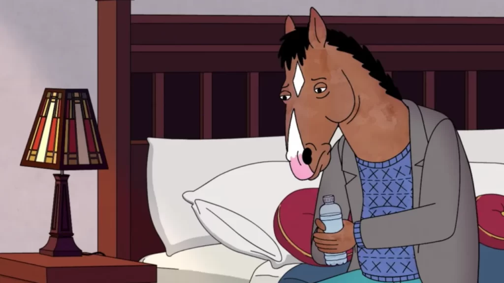 BoJack Horseman in a tense moment, symbolizing internal conflict and trauma.