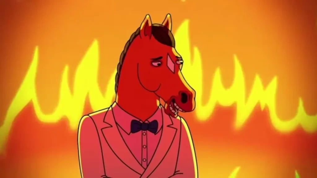 Close-up of BoJack with a sad expression, highlighting struggles with mental health.
