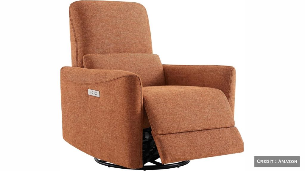 CHITA power recliner chair in grey fabric with sleek design and footrest extended.