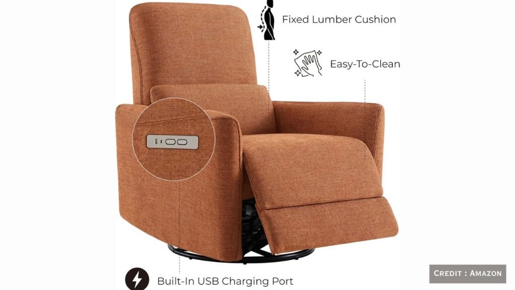 Close-up of USB charging port built into the CHITA recliner chair armrest.