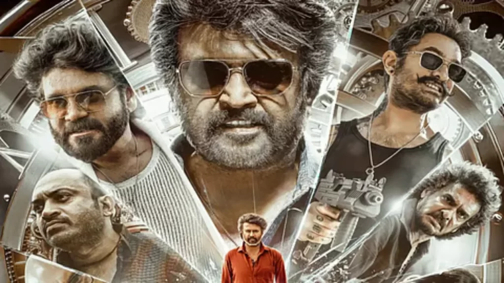 Black-and-white poster of Rajinikanth in Coolie (2025) blowing a whistle with intense look and bold typography in the background.