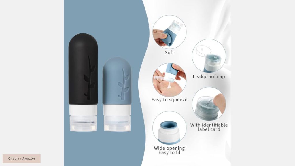 18-piece travel bottle set including funnel, labels, spatulas, and clear TSA-approved bag