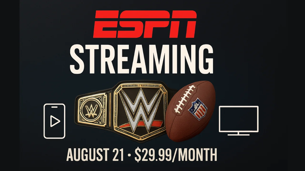 ESPN streaming service promo showing WWE Championship belt, NFL football, launch date August 21, and $29.99 monthly subscription