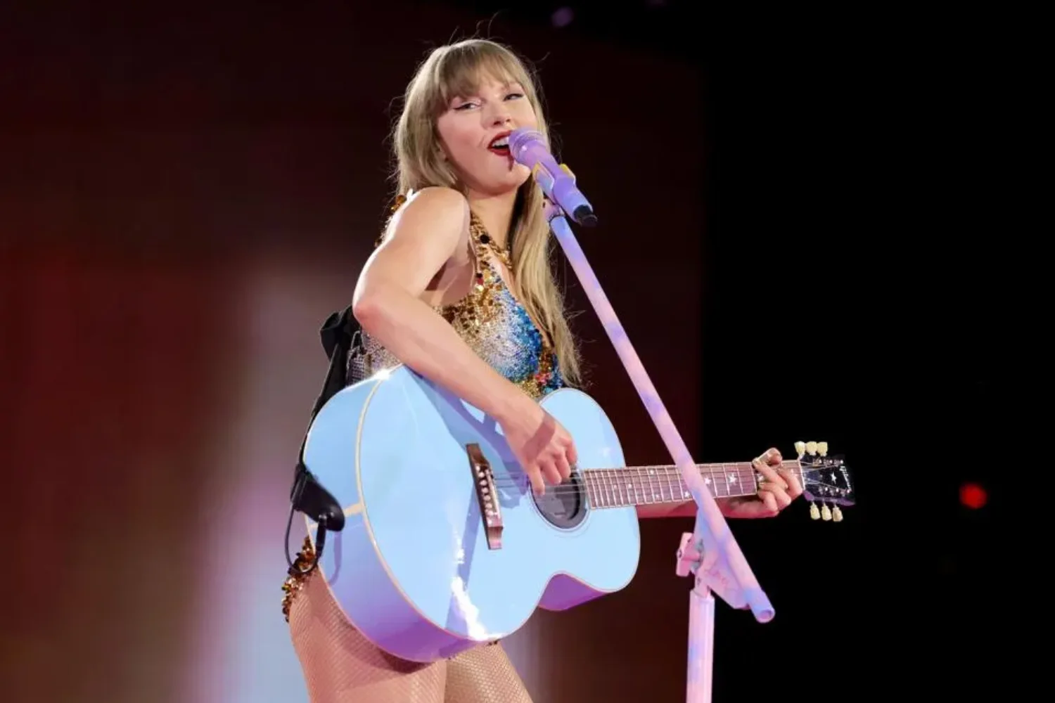 Taylor Swift performing on stage during her Eras Tour 2025