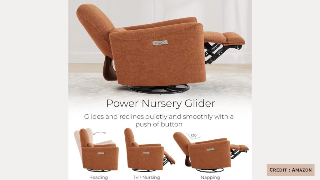 Side profile of CHITA recliner chair showing lumbar support and soft cushioning.