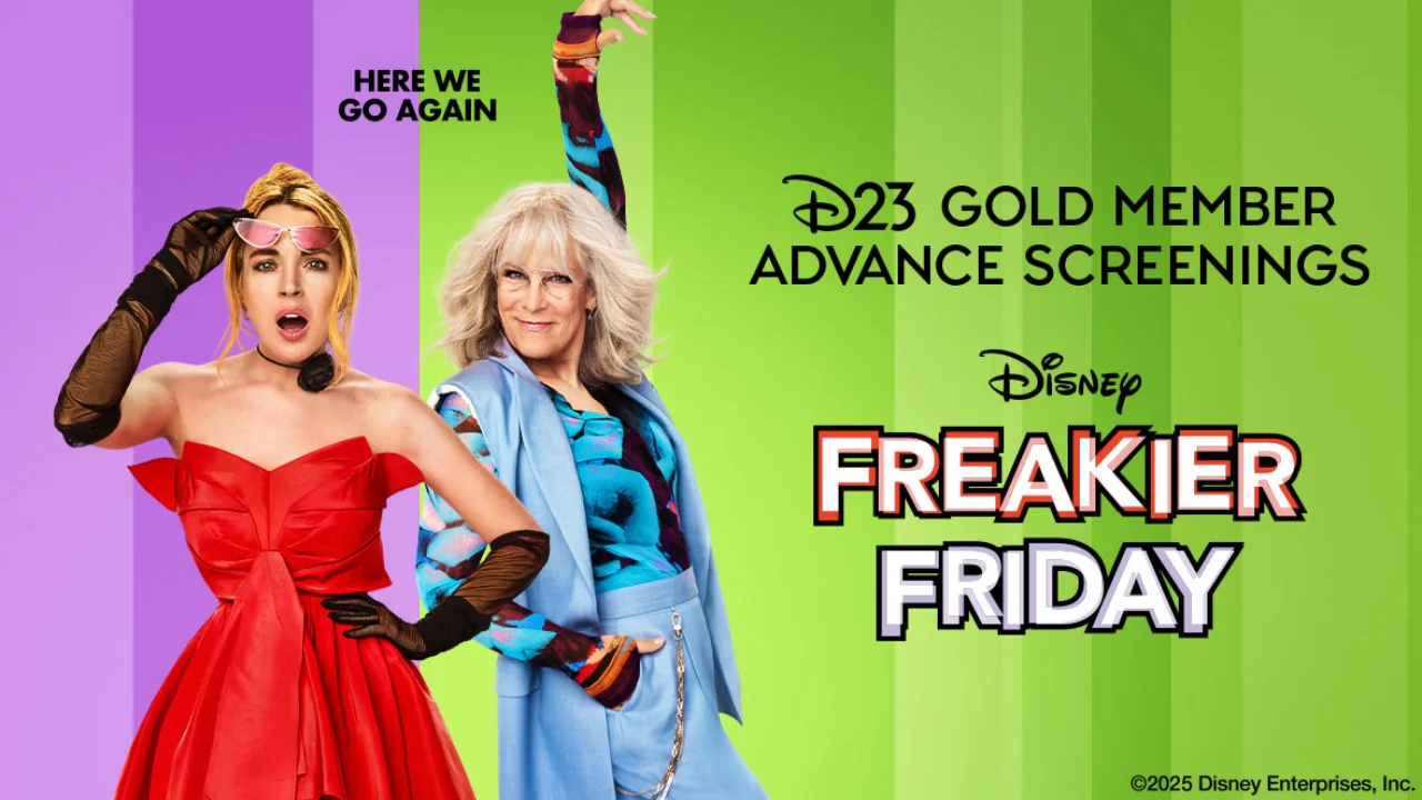 Lindsay Lohan and Jamie Lee Curtis striking a playful, colorful pose together in a promotional still from Freakier Friday (2025)