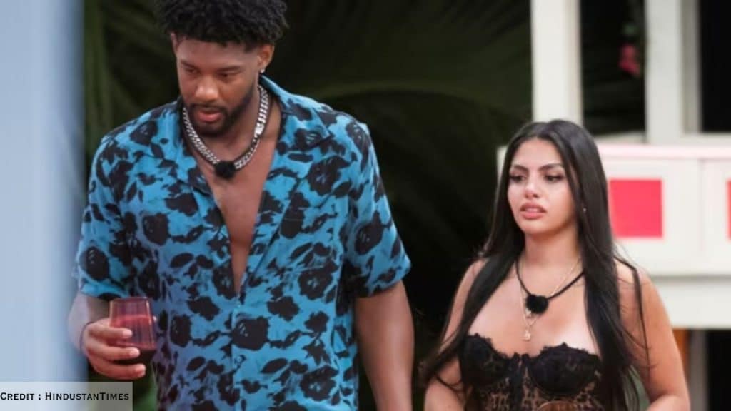 Huda Mustafa with Jeremiah Brown on Love Island USA, showing tense relationship moments.