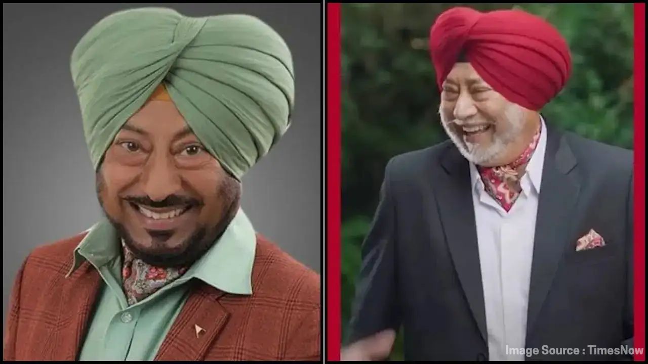 Punjabi actor Jaswinder Bhalla smiling in a red turban, remembered for his comedy roles.