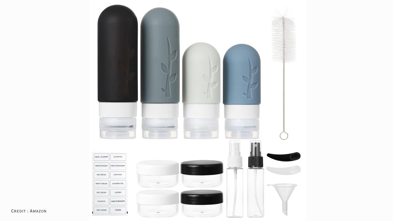 18 TSA-approved silicone travel bottles with pump, spray, and cream jars for toiletries