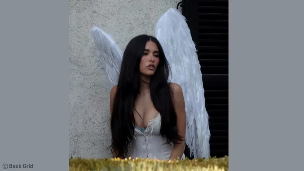 Madison Beer posing during her music video shoot while NFL star Justin Herbert is spotted close by.