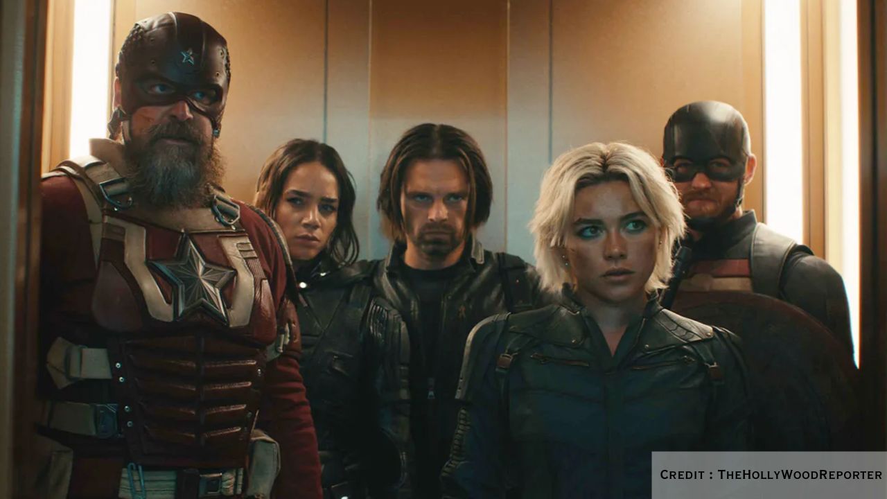 Official Thunderbolts poster showing Bucky Barnes, Yelena Belova, Red Guardian, Ghost, Taskmaster, and other team members together