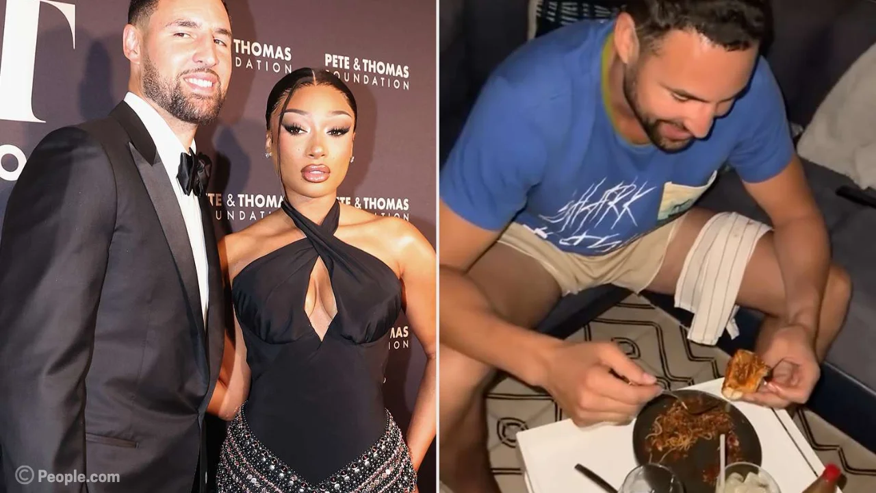 Megan Thee Stallion cooking and serving spaghetti and catfish to a delighted Klay Thompson