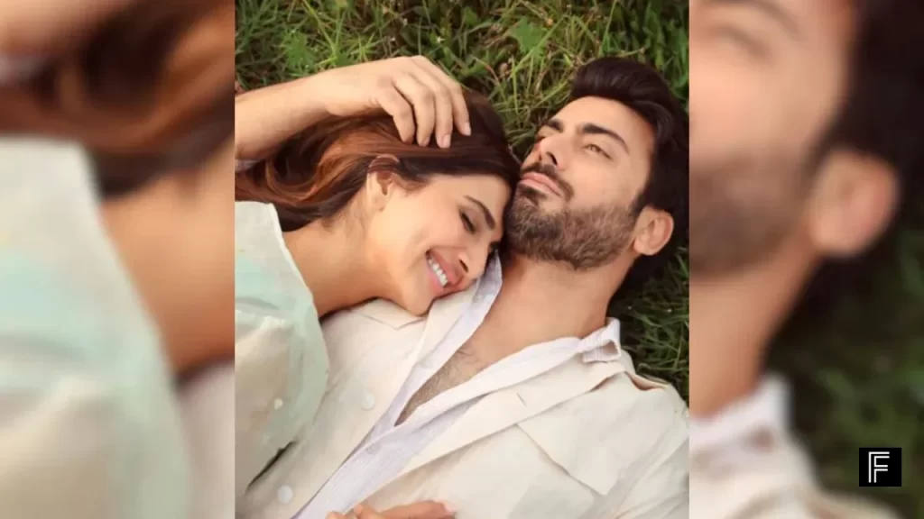 Fawad Khan and Vaani Kapoor lying side by side in a tender romantic moment from Abir Gulaal.
