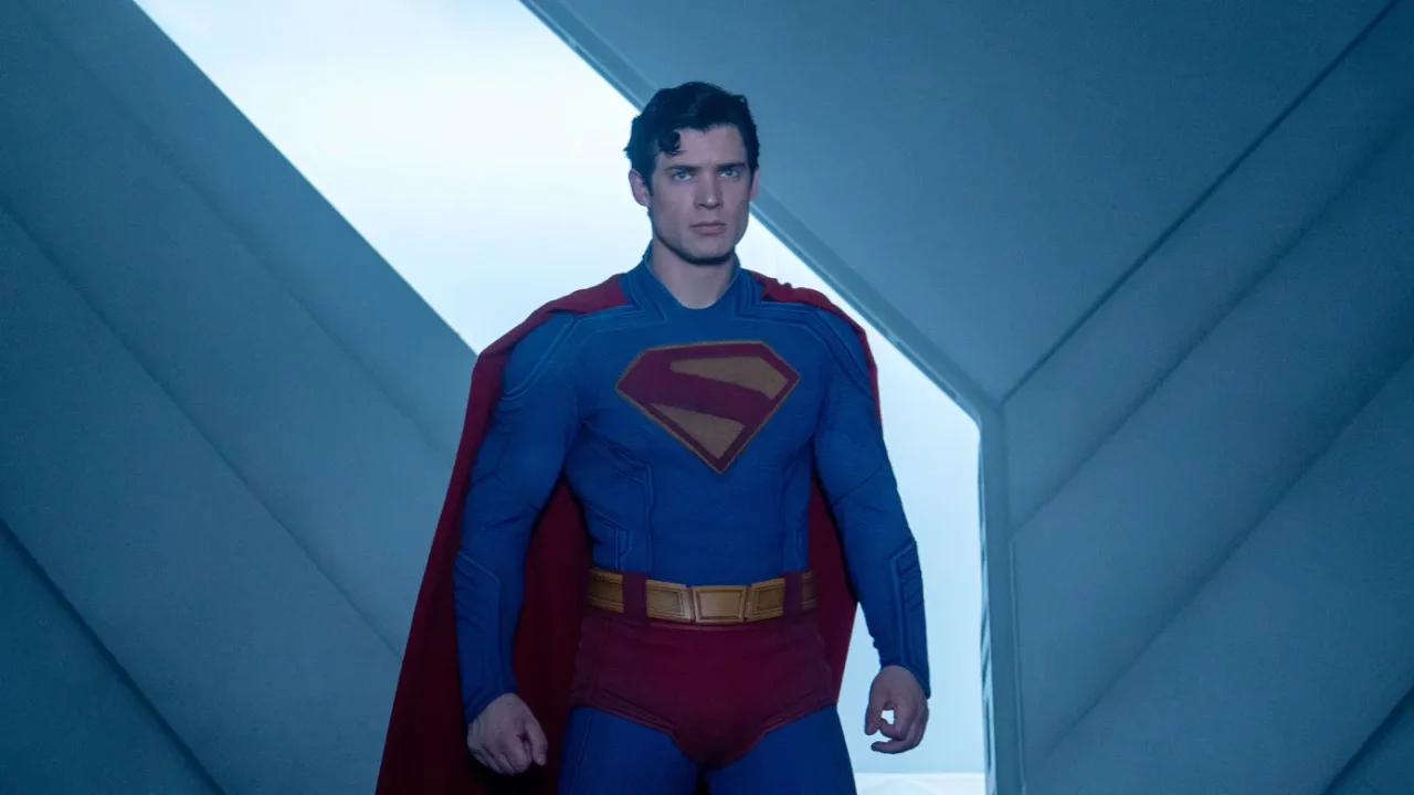 Official Superman 2025 poster with David Corenswet as Superman, Rachel Brosnahan as Lois Lane, and Nicholas Hoult as Lex Luthor.