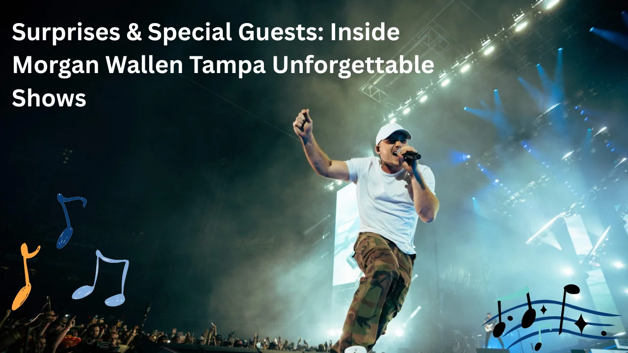 Morgan Wallen singing on stage at Tampa concert with vibrant lights and cheering crowd
