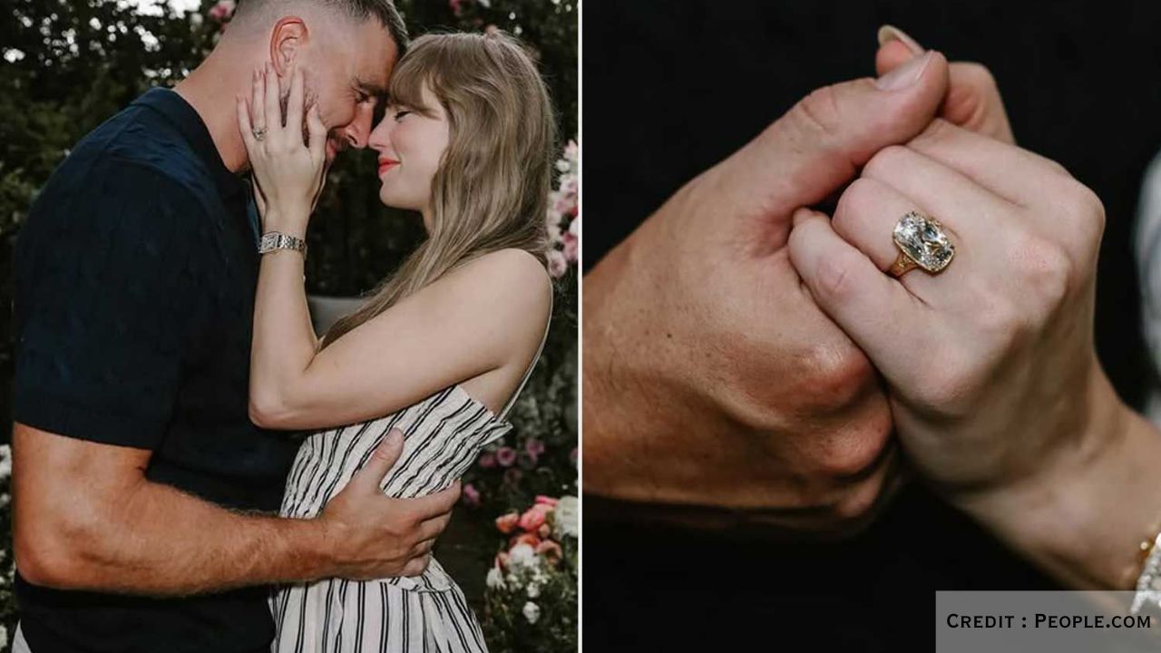 Taylor Swift kisses Travis Kelce in a flower-filled garden after engagement proposal