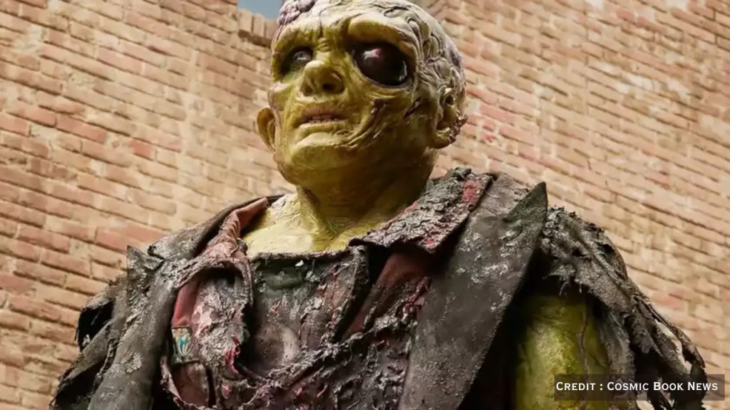 Close-up of Peter Dinklage in prosthetic makeup portraying Winston Gooze transforming into Toxie in the 2025 movie reboot.