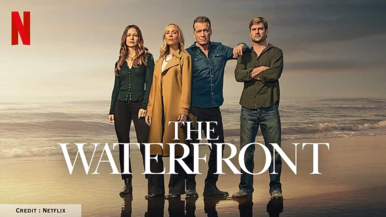 Promotional poster of The Waterfront featuring key cast members, highlighting the Netflix crime-drama vibe.