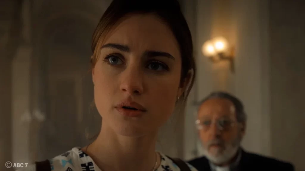 Grace Van Patten in character as Amanda Knox delivering a tense moment from the trailer