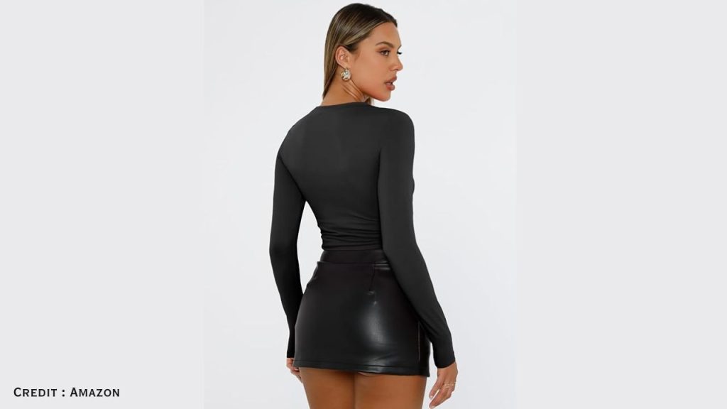 Trendy Queen women’s long sleeve crop top showing back design and fit