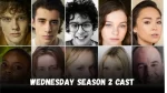 Group photo of Wednesday Season 2 cast including Jenna Ortega, Catherine Zeta-Jones, Luis Guzmán, Emma Myers, Lady Gaga, and Steve Buscemi.