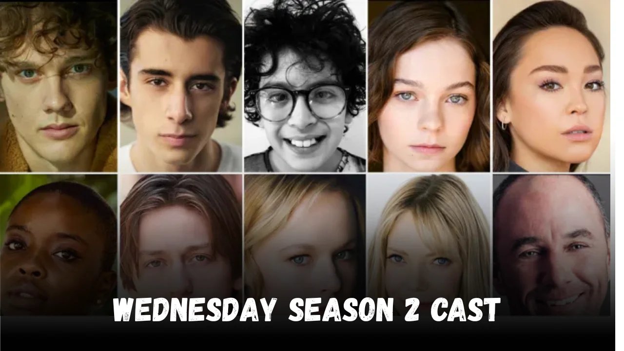 Group photo of Wednesday Season 2 cast including Jenna Ortega, Catherine Zeta-Jones, Luis Guzmán, Emma Myers, Lady Gaga, and Steve Buscemi.