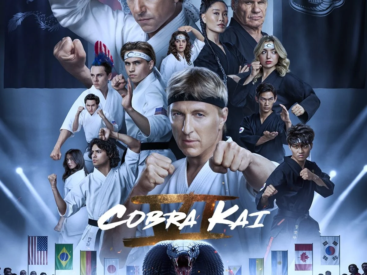 Cobra Kai Season 6 official poster featuring Daniel LaRusso, Johnny Lawrence, and other fighters in a dramatic martial arts pose for the final chapter.