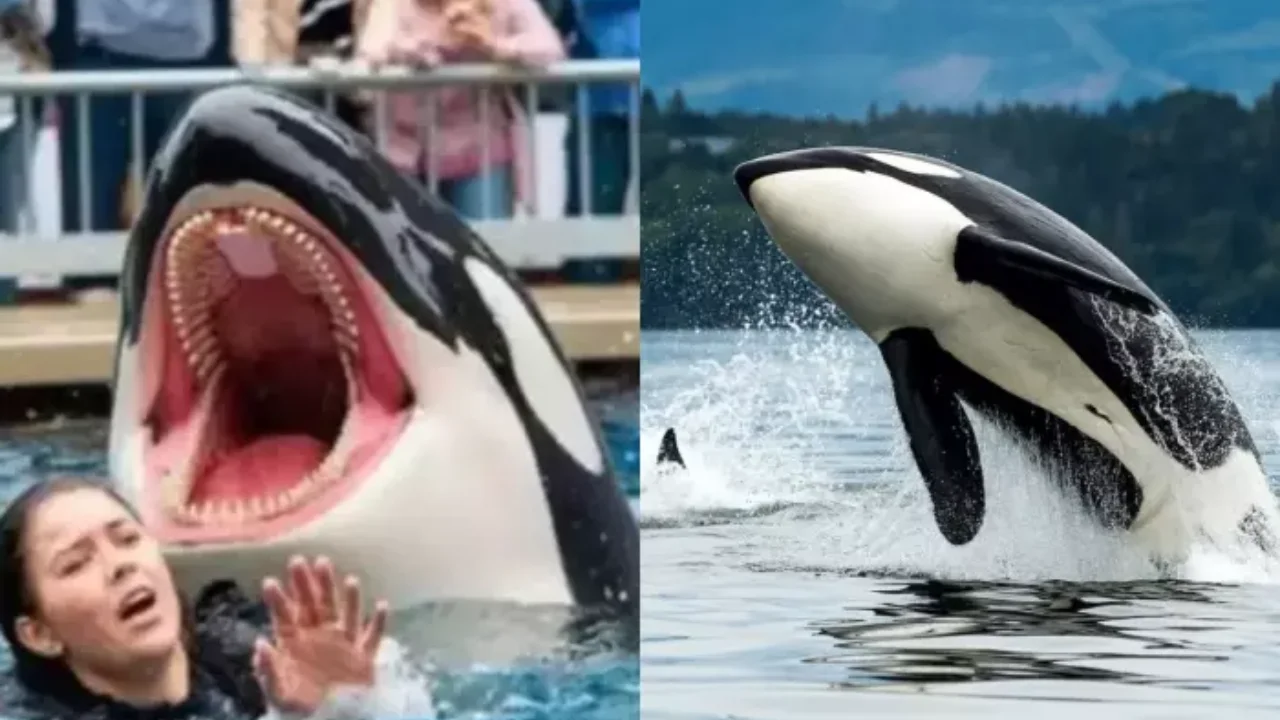 An orca whale leaping out of the ocean during a marine show