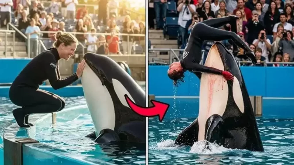 Orca interacting with a marine animal trainer Jessica Radcliffe at an aquarium show