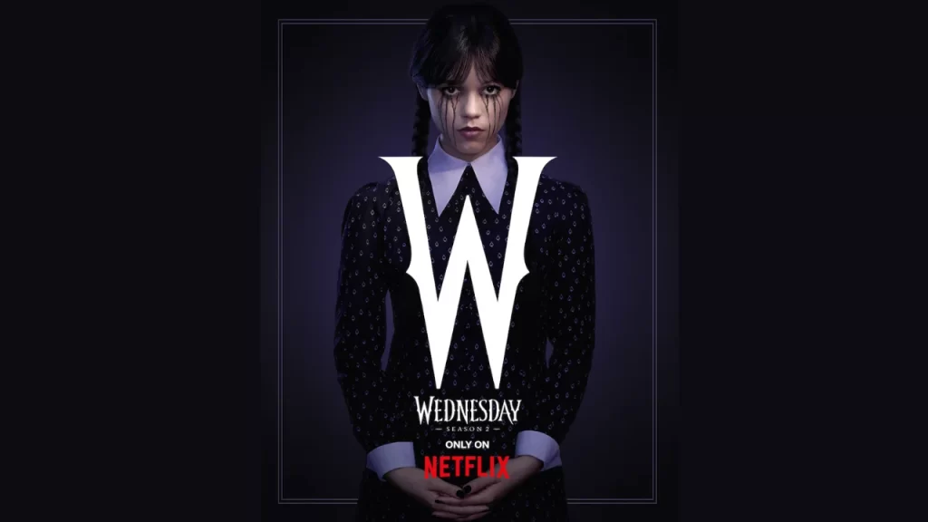 Scene from the Wednesday Season 2 trailer showing Wednesday Addams (Jenna Ortega) with black tears under her eyes, hinting at darker mysteries and emotional twists in the upcoming Netflix series.