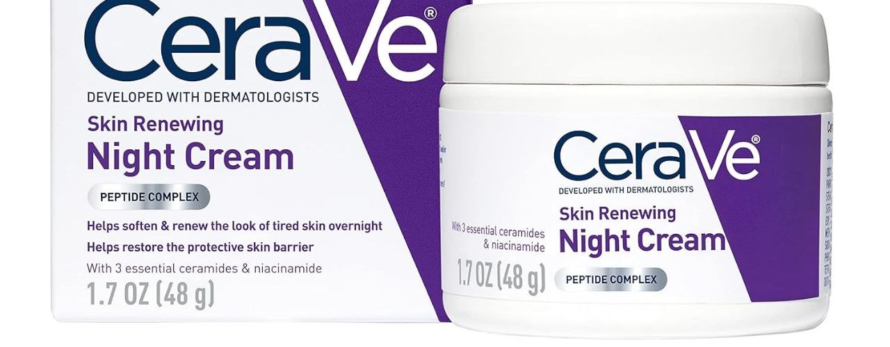 CeraVe Skin Renewing Night Cream jar on a bathroom shelf