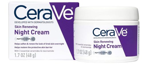 CeraVe Skin Renewing Night Cream jar on a bathroom shelf