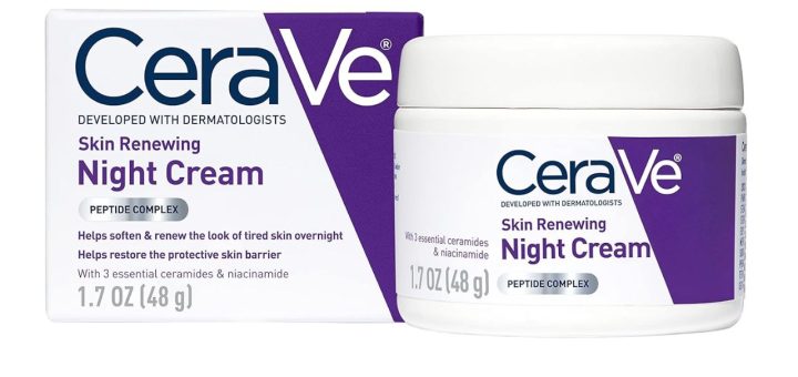 CeraVe Skin Renewing Night Cream jar on a bathroom shelf