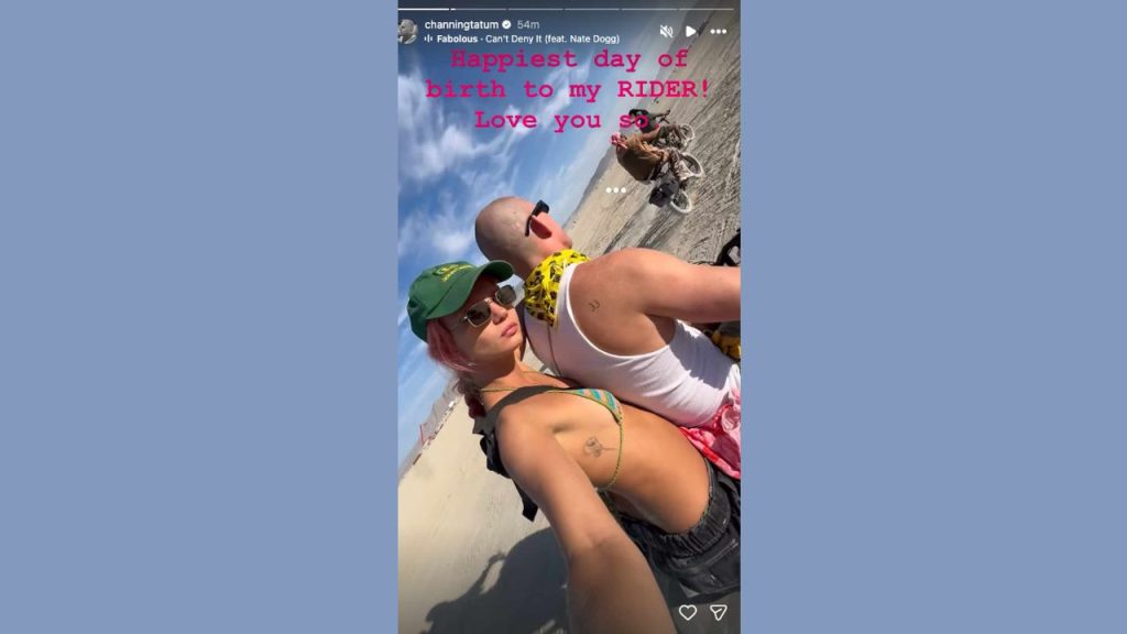 Channing Tatum rides a dirt bike with Inka Williams holding onto him for a selfie during birthday beach day.