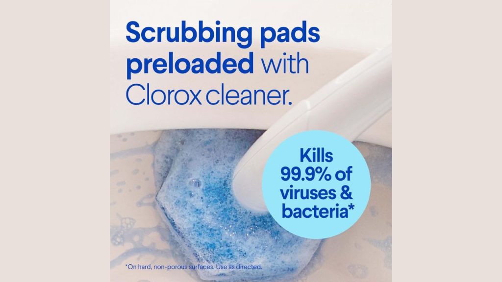 Clorox ToiletWand flexibly scrubbing under the rim of a toilet bowl to remove stains.