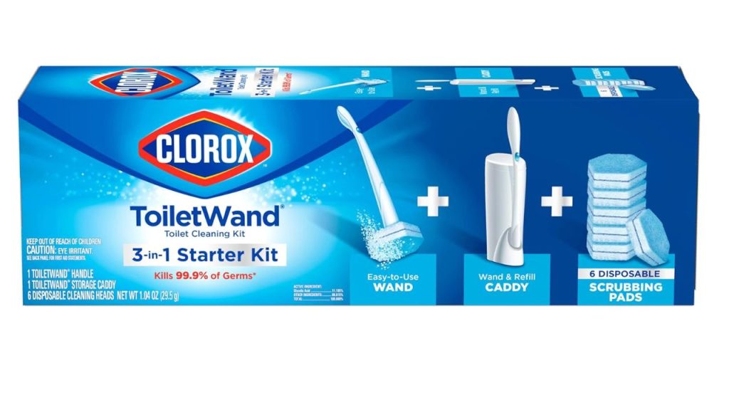 Close-up view of the Clorox ToiletWand handle clicking securely onto a blue disposable scrubbing pad.