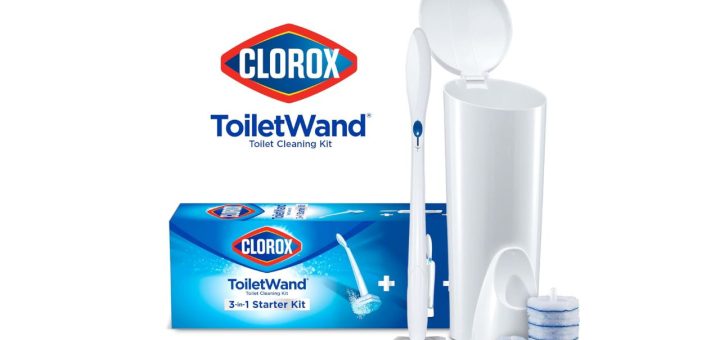 Clorox ToiletWand complete system showing white wand, disposable heads, and storage caddy.