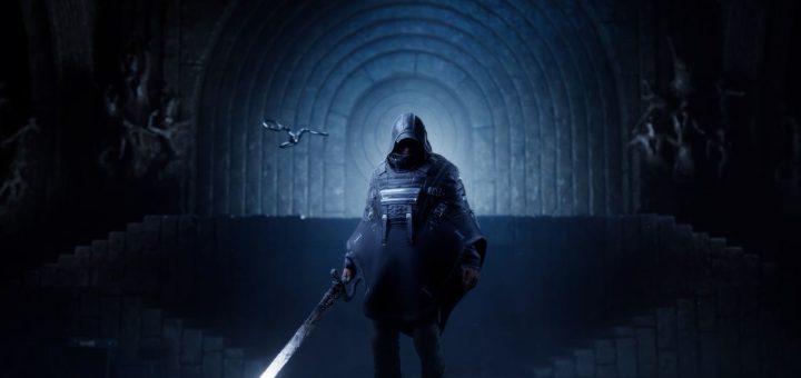 A shadowy figure navigating a dark, war-torn landscape while confronting faceless, pale Hollow Walker enemies—highlighting the game’s unsettling atmosphere and strange creatures.