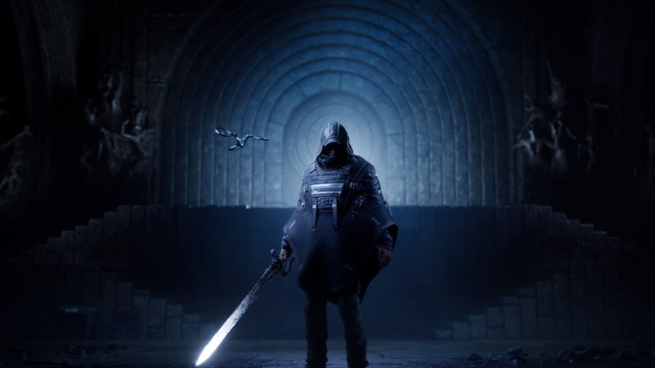 A shadowy figure navigating a dark, war-torn landscape while confronting faceless, pale Hollow Walker enemies—highlighting the game’s unsettling atmosphere and strange creatures.