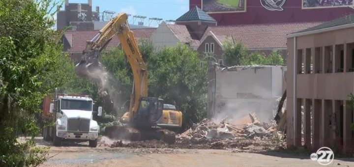 Construction crew tearing down the Burt Reynolds Complex at FSU.